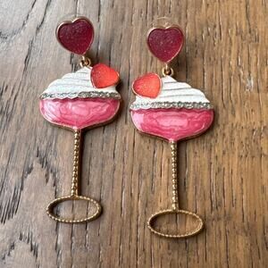Pink Enamel Champagne Cocktail Glass Heart Themed Dangle Earrings